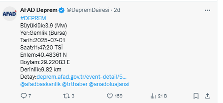 Son dakika... AFAD İstanbul ve Bursa'da hissedilen depremin büyüklüğünü 3.9 olarak duyurdu