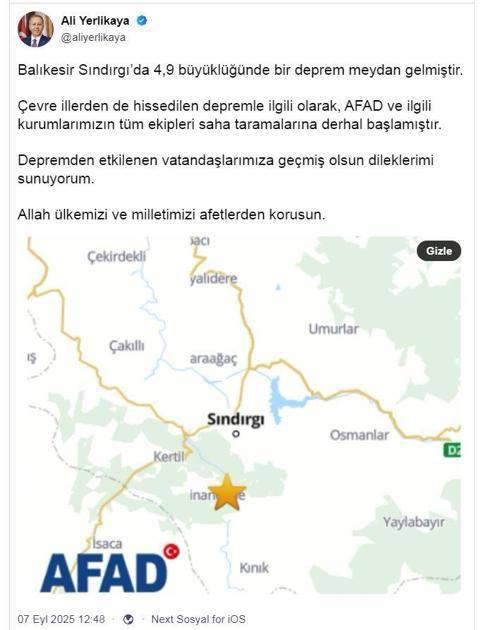 Balıkesir Sındırgı’da 4.9 ve 4.1 büyüklüğünde 2 deprem