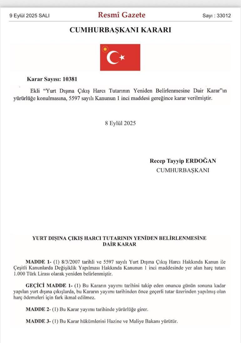 Yurt dışına çıkış harcı 1000 lira oldu!