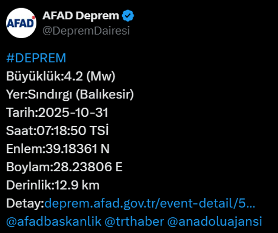 Balıkesir'de 4.2 büyüklüğünde deprem