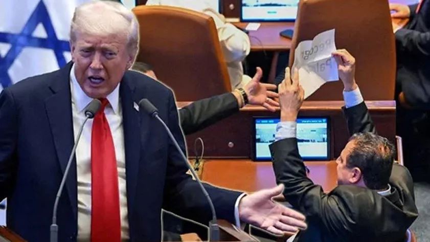Trump, İsrail meclisinde konuşurken “Filistin’i tanıyın” pankartı açtılar