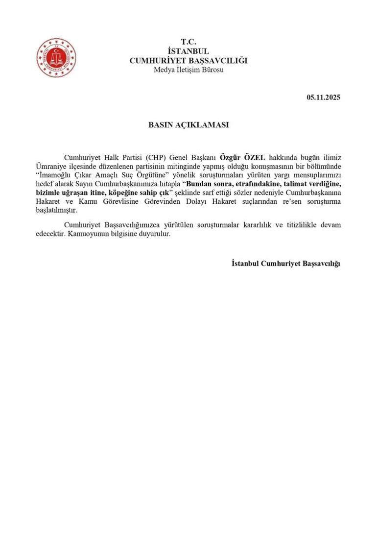 CHP Lideri Özgür Özel için Cumhurbaşkanı Erdoğan'a hakaretten soruşturma