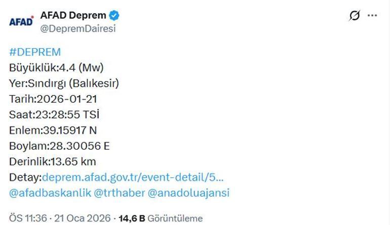 SON DAKİKA! AFAD duyurdu: Merkez üssü Sındırgı... Balıkesir'de peş peşe depremler