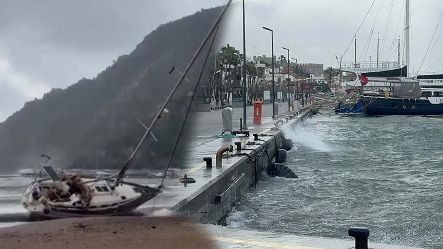 Marmaris’i fırtına vurdu: Yelkenli tekne karaya oturdu