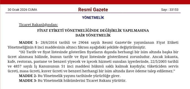 Resmi Gazete'de yayımlandı! Restoranlarda servis, masa ve kuver ücreti alınamayacak