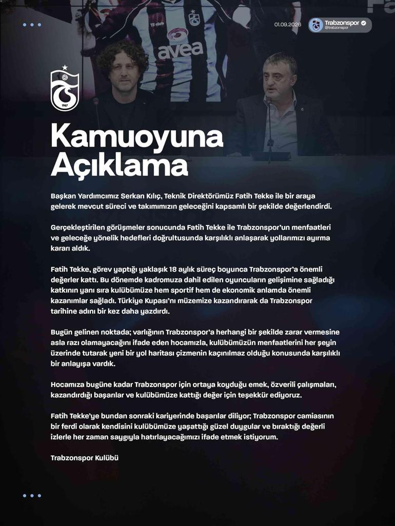 Trabzonspor'da teknik direktör Fatih Tekke ile yollar ayrıldı! Resmi açıklama